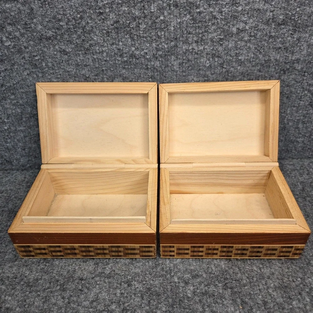2 Vintage Hand Carved Wooden Trinket Box with‎ Straw Ornament USSR RUSSIA